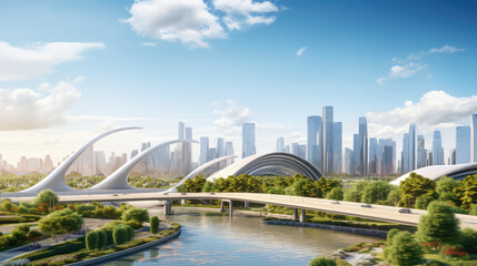 Naklejka premium Innovative Tomorrow: Futuristic Urban Skyline and Bridges
