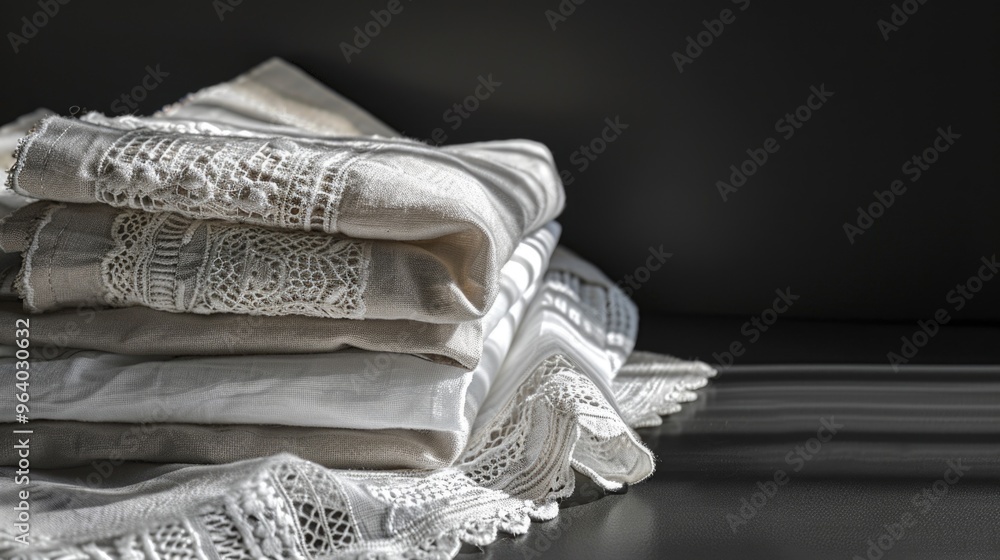 Poster a stack of white lace cloths on a table. the cloths are piled on top of each other, creating a sense