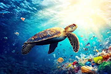 Obraz premium Turtle swimming through ocean pollution.