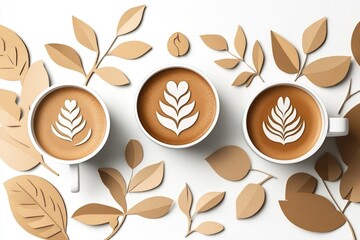 Three coffee cups with leaves on them. The cups are white and brown