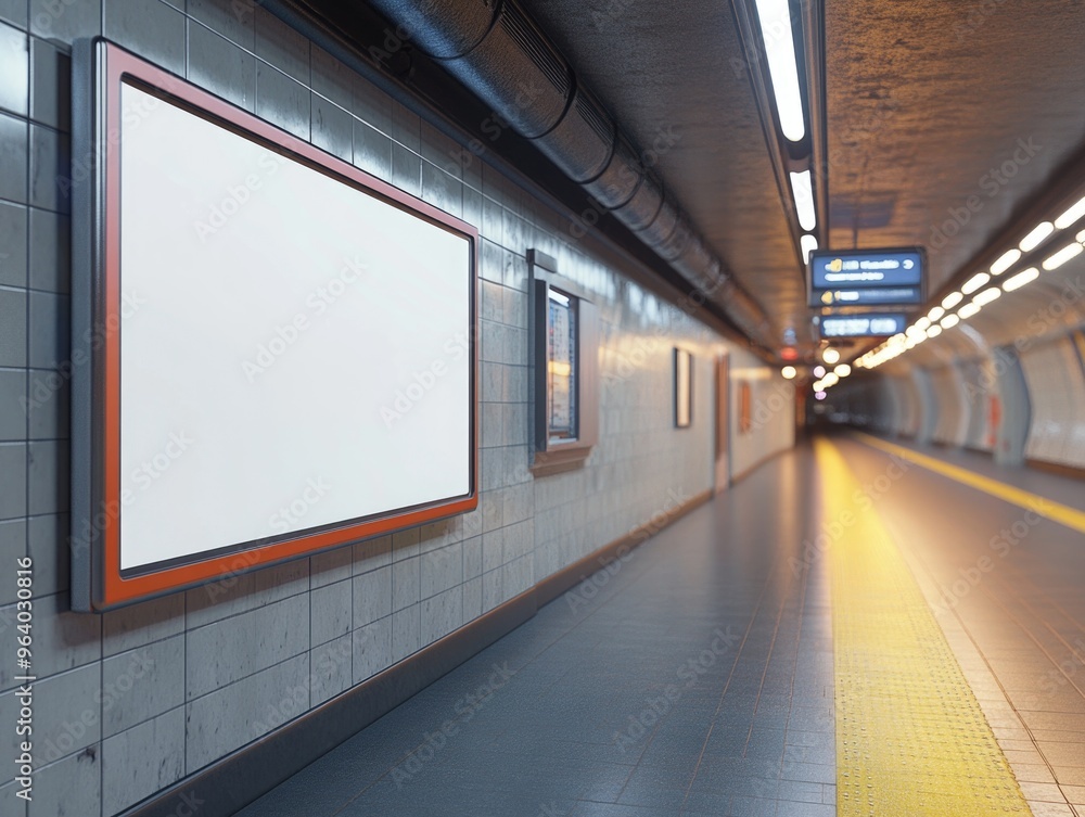 Poster a white sign is on a wall in a subway station. the station is empty and the sign is the only thing v