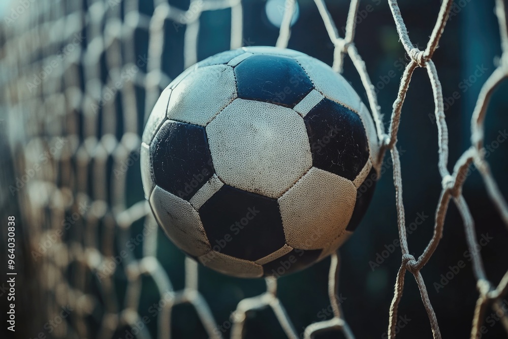 Poster a soccer ball is sitting on a net. the net is made of a mesh of metal wires