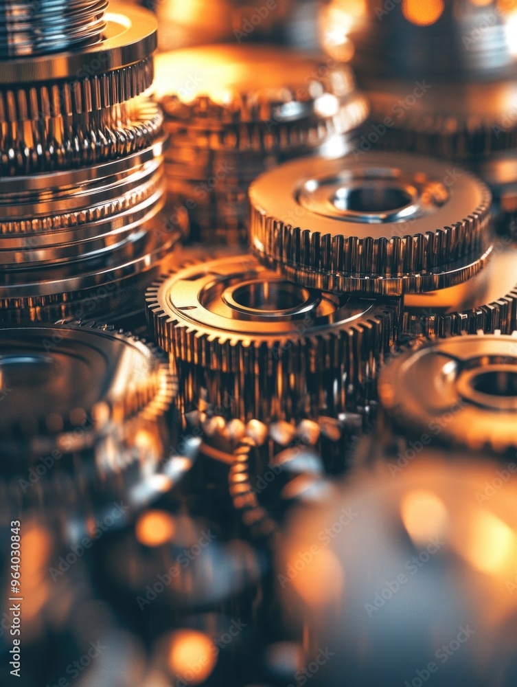 Poster a close up of many gears, some of which are gold. concept of complexity and precision, as the gears 