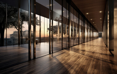 Fototapeta premium Modern Office Corridor with Sunset Panorama