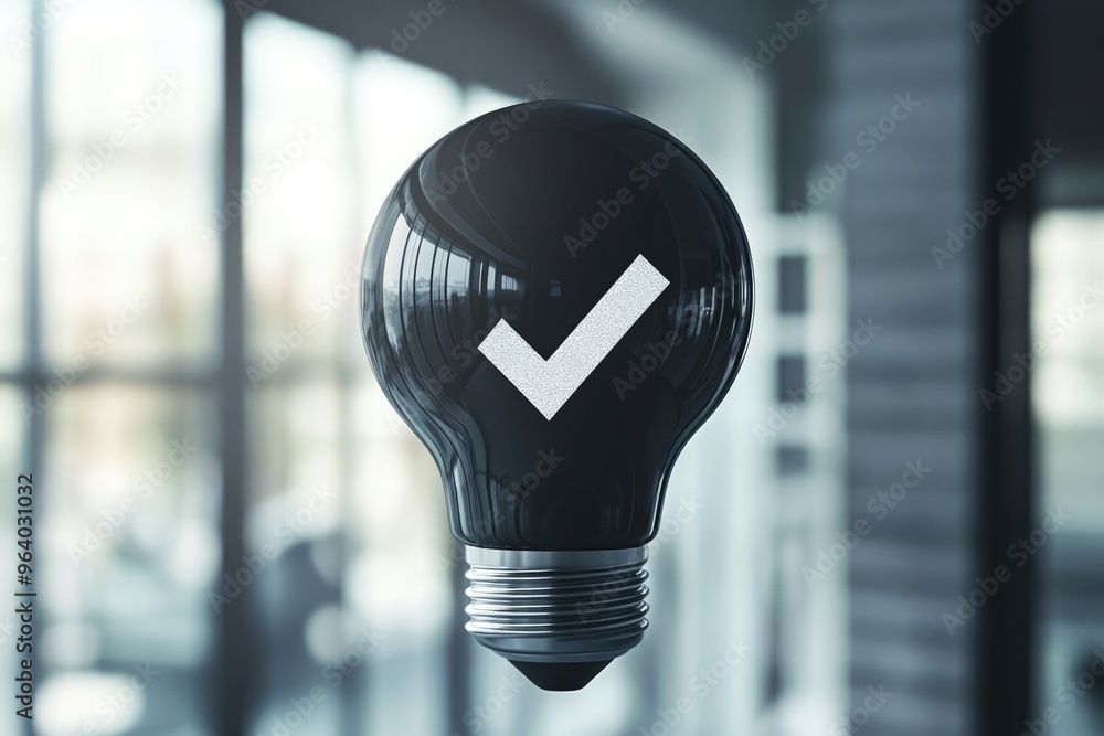 Poster a light bulb with a check mark on it. the light bulb is a symbol of an idea or a thought. concept of