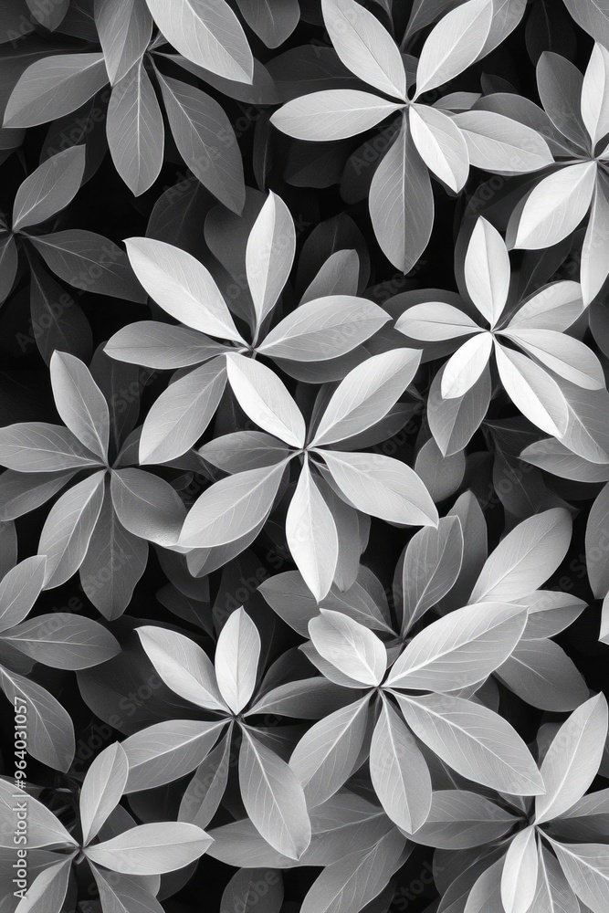 Poster a close up of a bunch of leaves with a black and white filter. the leaves are all different sizes an
