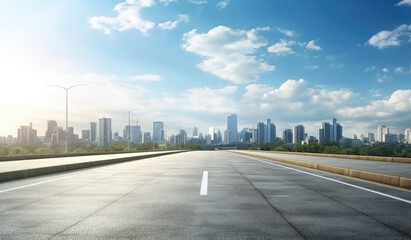 Fototapeta premium Scenic Empty Highway Leading to Modern City Skyline