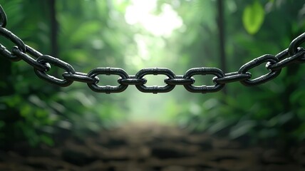 Obraz premium Nature conservation, forest with metallic chains and lock, legal theme, 3D illustration