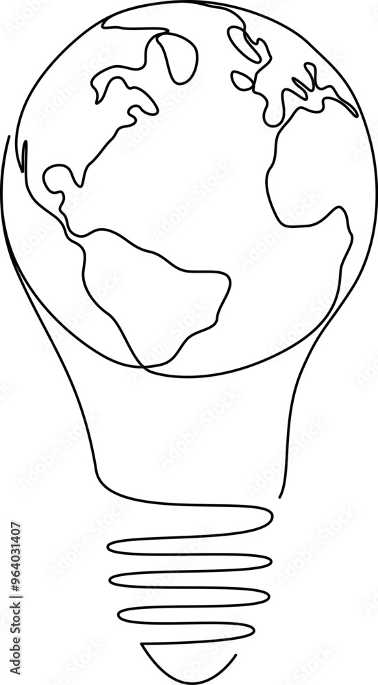 Poster continuous line drawing of light bulb with earth globe inside. one line world map in lamp vector ill