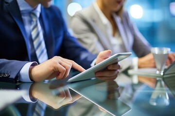 Obraz premium Two people in suits are looking at a tablet. One of them is pointing at something on the screen