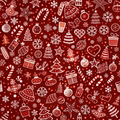 Festive Christmas pattern with gifts, snowflakes, and decorations on red background

