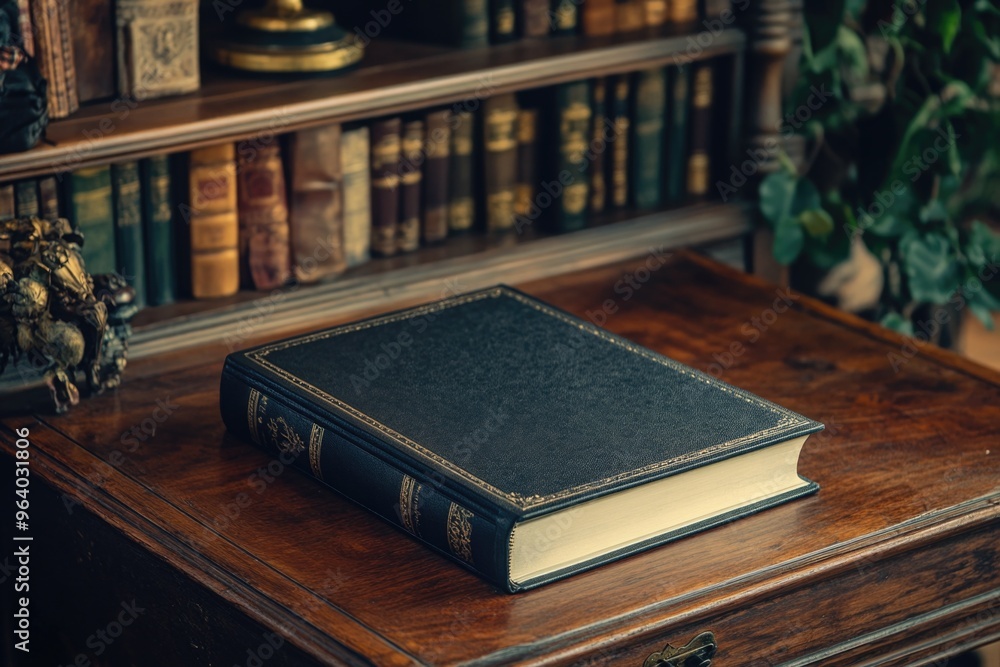 Poster a black leather bound book sits on a wooden table. the book is open to a page with a title that read