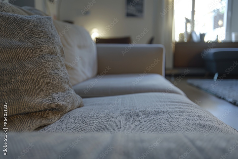 Poster a couch with a pillow on it and a window behind it