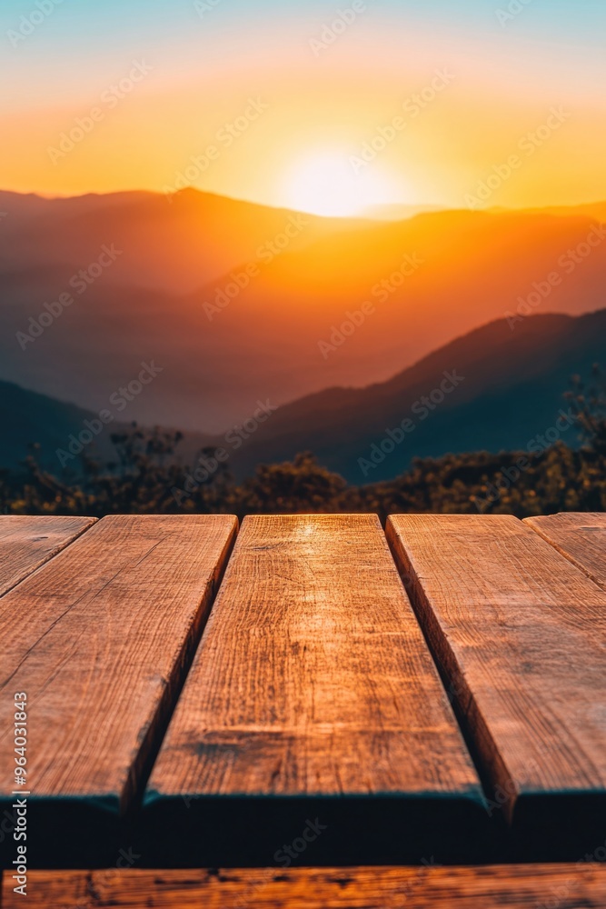Aufkleber a wooden table with a view of mountains and a sun setting in the background