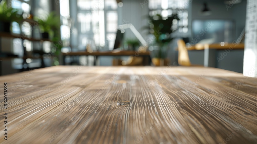 Poster a wooden table with a view of a room. the table is empty and the room is filled with plants