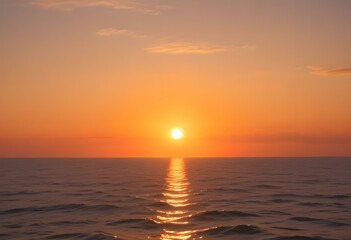 A beautiful sunset over a calm ocean, with the sun's reflection shimmering on the water's surface. The sky is filled with warm, vibrant hues of orange and yellow, creating a serene and peaceful.