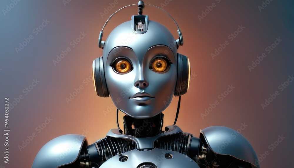 Poster close-up of a futuristic humanoid robot with large, expressive eyes and sleek metallic features. the