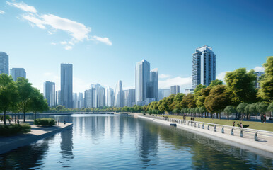 Fototapeta premium Modern Cityscape with Lakeside Park