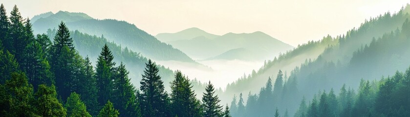 Breathtaking view of misty mountains surrounded by lush green trees, capturing the tranquility of nature's beauty.