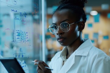 A woman wearing glasses is writing on a whiteboard. She is wearing a white lab coat and she is a scientist