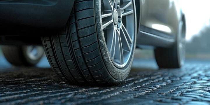 A car tire is shown in a close up, with the image being in black and white. The tire appears to be wet, and the car is parked on a cobblestone road. Scene is somewhat melancholic