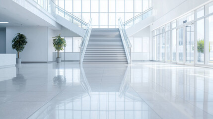 Obraz premium Contemporary Business Space: Empty Staircase with Shiny Flooring in a Corporate Office Hall, Featuring Glass Architecture and Central Reflections. photo