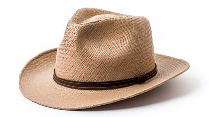 Classic straw hat with a brown leather band on a white background for summer adventures
