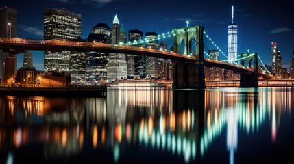 New York City Bridge and Skyline at Night