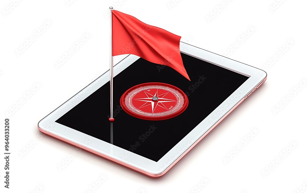 Poster digital 3d vector illustration of red flag and compass on tablet screen in minimal style on white ba