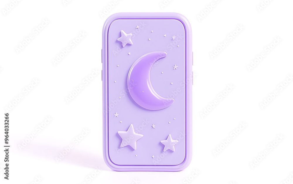 Poster digital 3d vector icon of purple moon and stars on smartphone screen in minimal style | white backgr