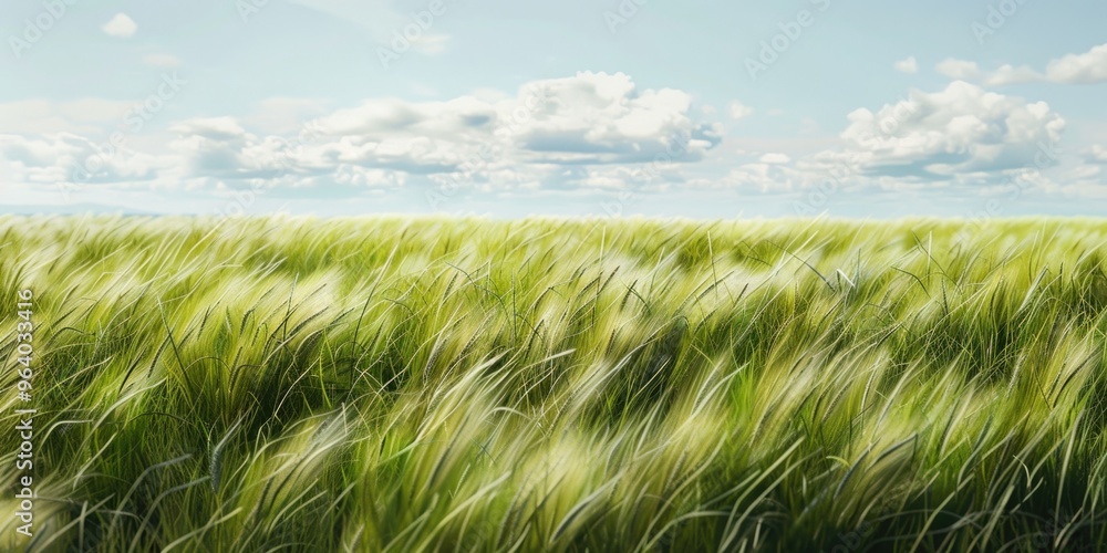 Poster a field of tall grass with a clear blue sky in the background. the grass is blowing in the wind, cre