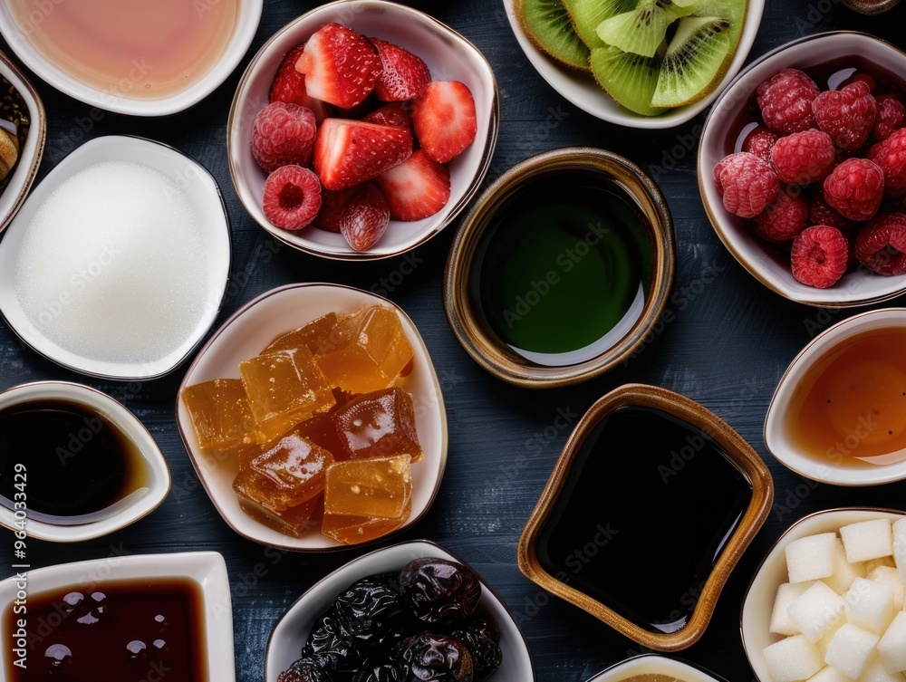 Poster a variety of fruits and condiments are displayed in bowls on a table. the bowls are arranged in a wa
