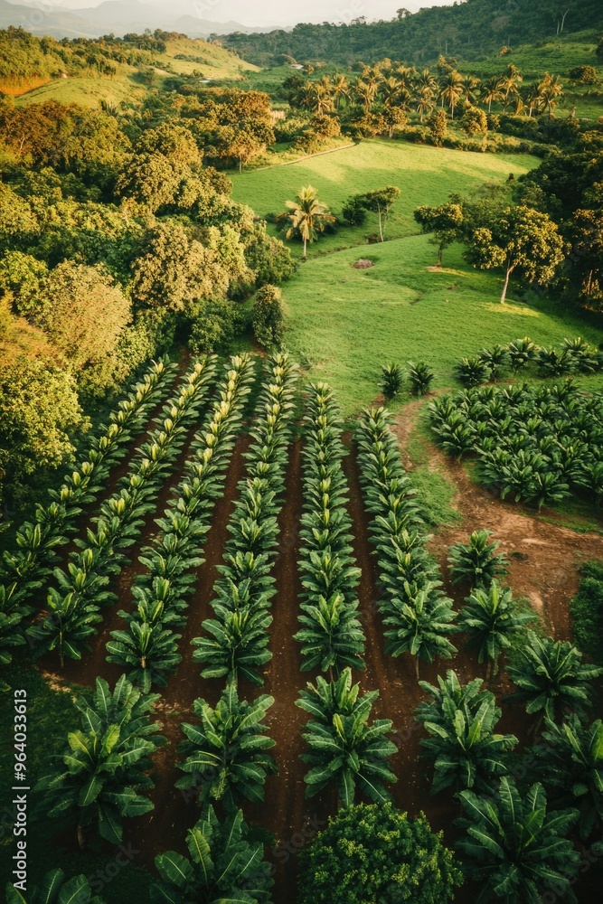 Poster a lush green field with a large number of banana trees. the trees are spread out across the field, w