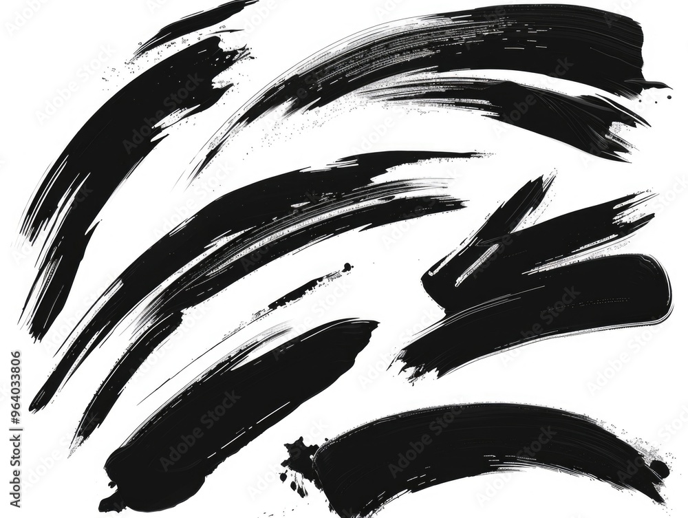 Poster a series of black brush strokes that create a sense of movement and energy. the strokes vary in leng