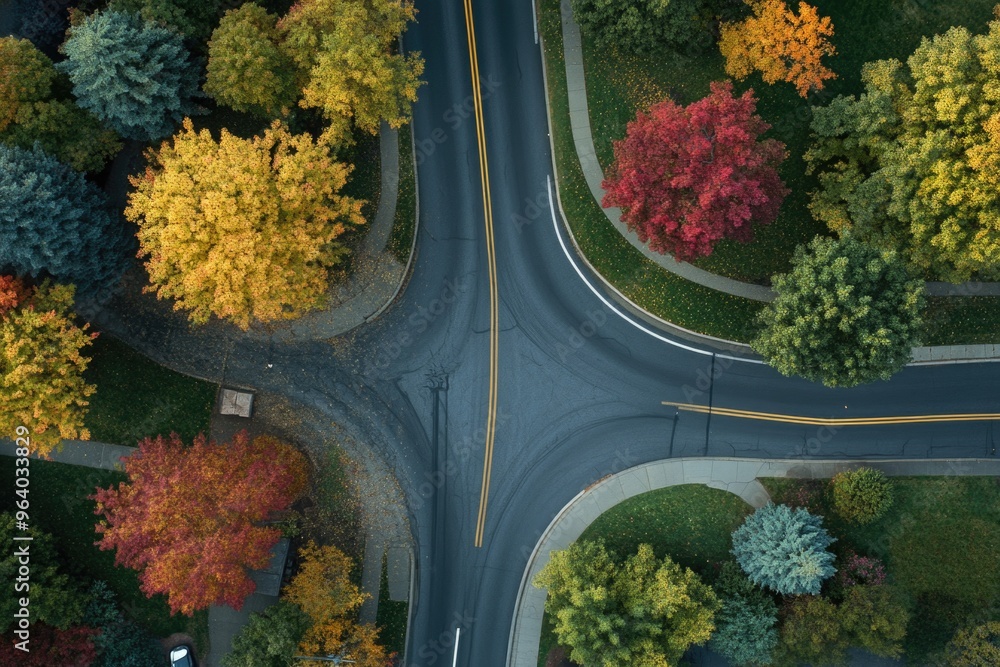 Poster a street view of a crossroads with trees in the background. the trees are in various stages of fall,