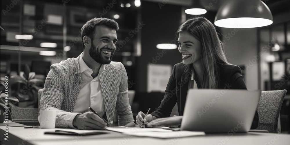 Poster a man and a woman are sitting at a table with a laptop in front of them. they are smiling and seem t