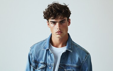 Fototapeta premium Modern Denim Style - Fashionable Male Model in Levi's Inspired Jacket with Cinematic Lighting on White Background.