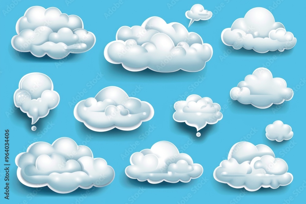 Poster a collection of clouds in various shapes and sizes. the clouds are scattered across the sky, with so
