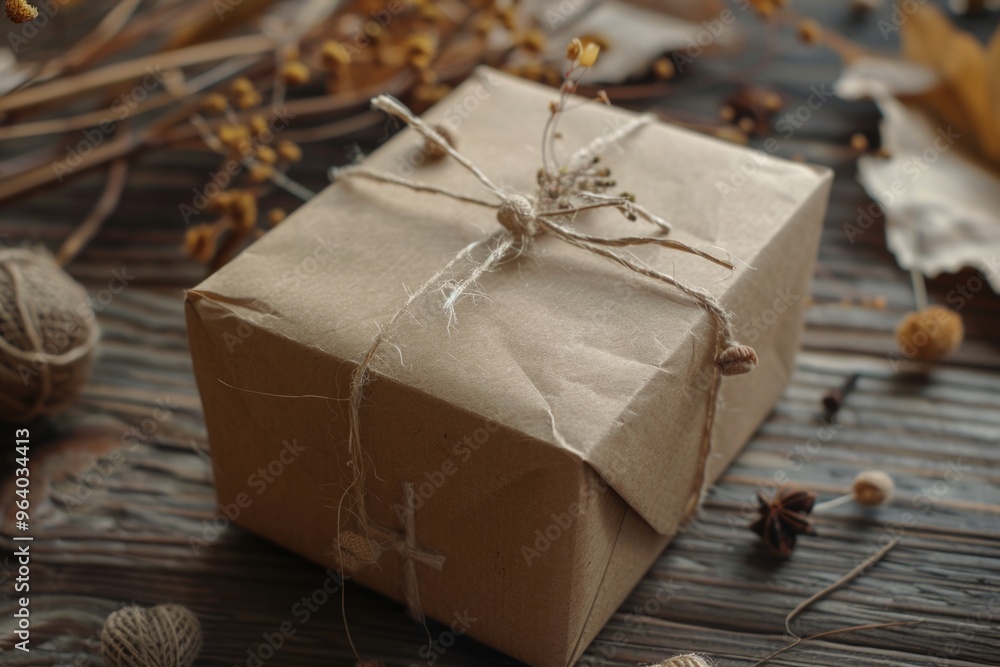 Poster a brown box with a white cross on it is sitting on a wooden table. the box is wrapped in brown paper
