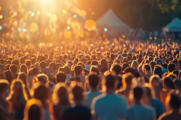 Obraz premium A large crowd of people are gathered together in a field. The atmosphere is lively and energetic, with people dancing and singing. The sun is shining brightly, casting a warm glow over the scene