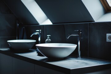 A bathroom with two sinks and a mirror. The bathroom has a modern and sleek design