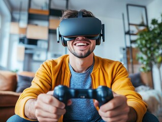 A man in a yellow shirt is playing a video game with a virtual reality headset on. He is smiling and he is enjoying himself