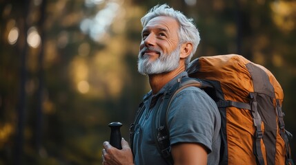 Obraz premium Active Silver-Haired Man Hiking and Vlogging in National Park - Fitness and Adventure Influencer Over 50