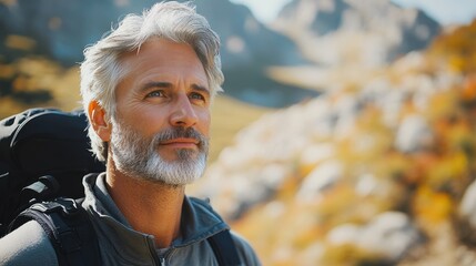 Active Silver-Haired Influencer: Mature Man Hiking and Vlogging in National Park, Exemplifying Fitness and Adventure for Over 50s