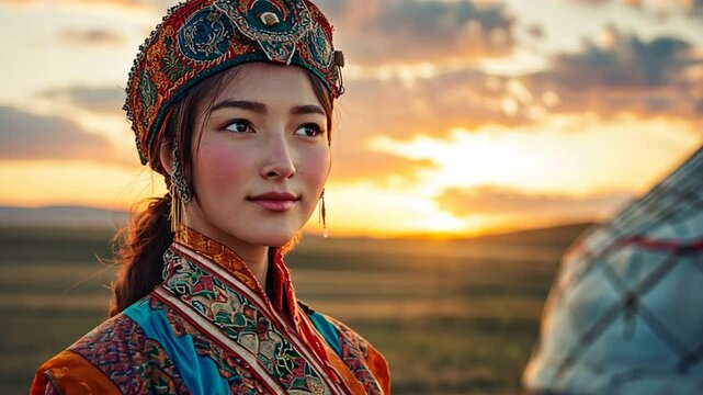 Traditional Mongolian girl photography, capturing her in an outdoor setting wearing a richly embroidered costume, with mountains in the background
