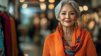 Style Maven in her 60s: Fashionable Woman Sharing Timeless Style Tips at Boutique