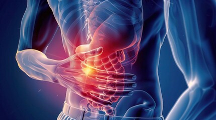 A detailed look at appendicitis showing the affected area. The appendix appears inflamed and swollen. There might be signs of pain and discomfort around the abdominal region. The body's natural respon