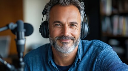 Profile of a man in his 50s recording a podcast episode about staying fit and active in later life, representing health influencers for older audiences.