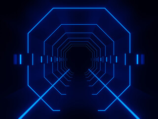 Blue neon tunnel. Black background with neon lights.
