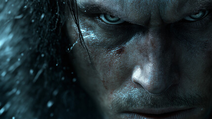 Fototapeta premium Close Shot of an Agry Face: Cinematic Nighttime Portrait of an Angry Man with angry eyes having Blue-Tinted Skin during the moonlit night with Snowfall